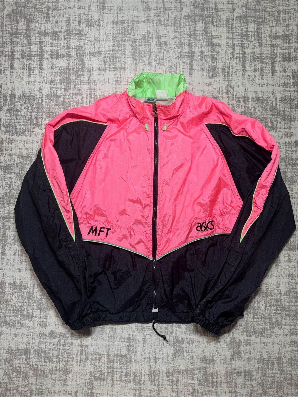 Vintage ASICS Pink and Black Colorblock Bomber Jacket 23X20.5 PTP